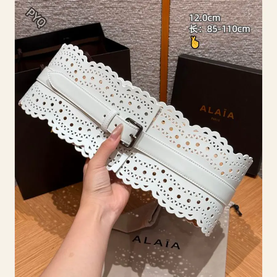 Alaïa 8L03 White Laser-Cut Buckle Belt, catalog view 2, 8L03