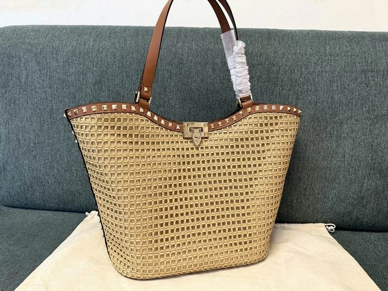 Valentino 22081 Natural Woven Tote Bag natural woven tote bag with brown handles and open top view 1