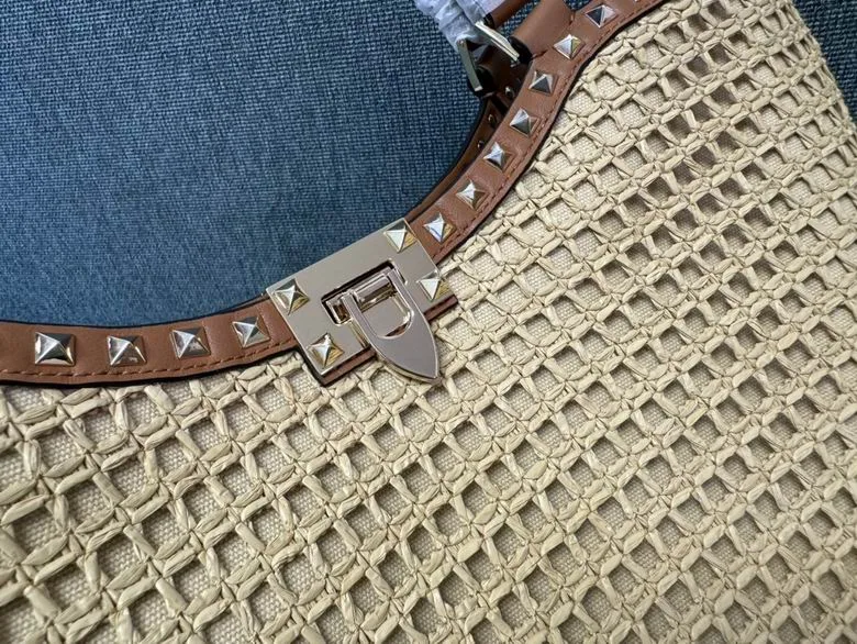 Valentino 22081 Natural Woven Tote Bag natural woven tote bag with brown handles and open top view 2