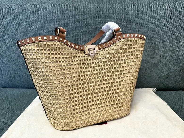 Valentino 22081 Natural Woven Tote Bag natural woven tote bag with brown handles and open top view 3