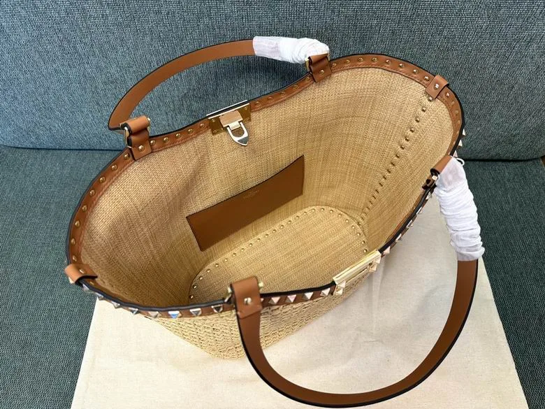 Valentino 22081 Natural Woven Tote Bag natural woven tote bag with brown handles and open top view 4