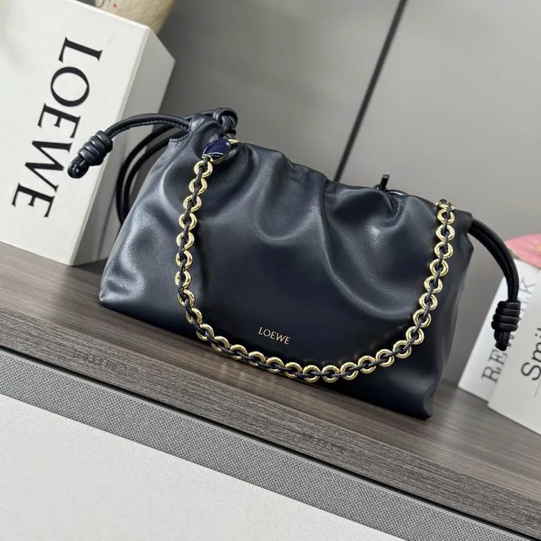 Loewe Flamenco Purse 012404 Black Chain Shoulder Bag black gathered shoulder bag with chain strap and drawstring sides view 1
