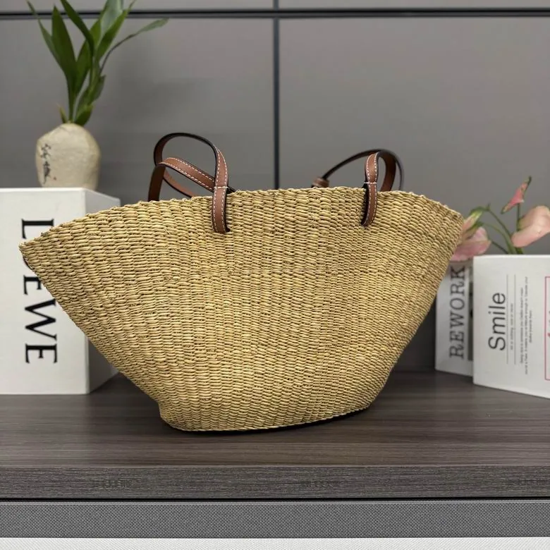 Loewe Basket 052514 Natural Woven Tote Bag natural woven basket tote with tan handles and open top view 3