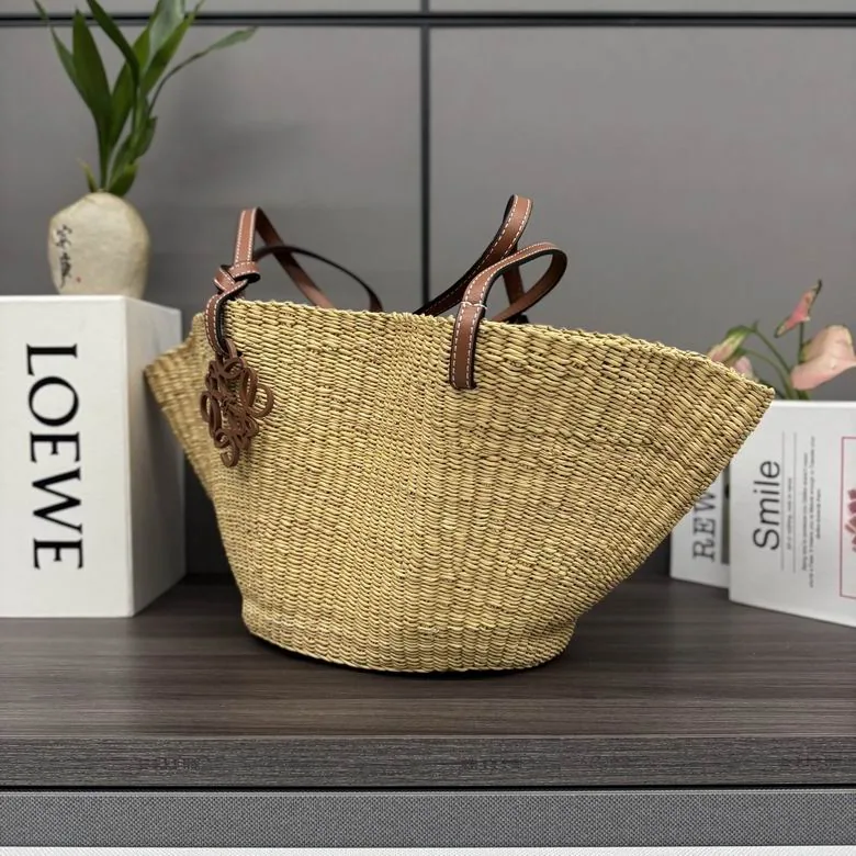 Loewe Basket 052514 Natural Woven Tote Bag natural woven basket tote with tan handles and open top view 5