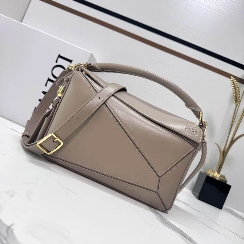 Loewe Featherlight Puzzle 062502 Taupe Shoulder Bag taupe geometric shoulder bag with top handle and detachable strap view 1