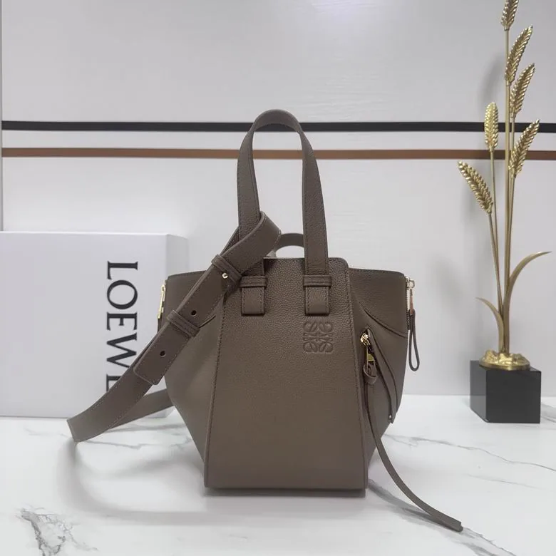 Loewe Hammock 652235 Taupe Compact Shoulder Bag taupe compact hammock style bag with top handles and shoulder strap view 1
