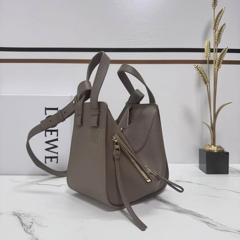 Loewe Hammock 652235 Taupe Compact Shoulder Bag taupe compact hammock style bag with top handles and shoulder strap view 2