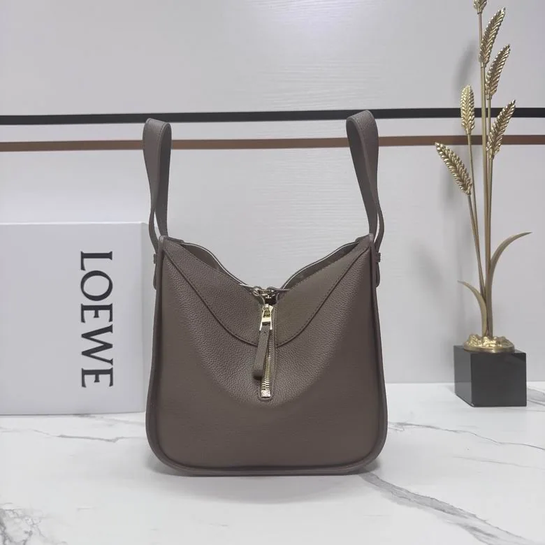 Loewe Hammock 652235 Taupe Compact Shoulder Bag taupe compact hammock style bag with top handles and shoulder strap view 3