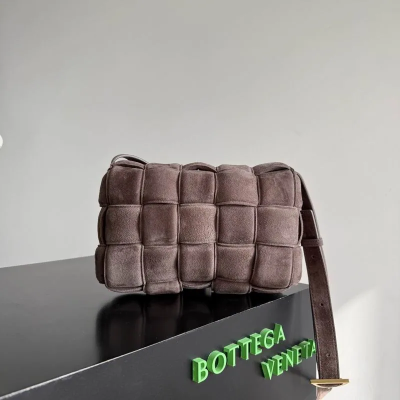 Bottega Veneta Cassette 70026-1 Brown Padded Shoulder Bag brown padded woven-look shoulder bag with triangular hardware detail view 3