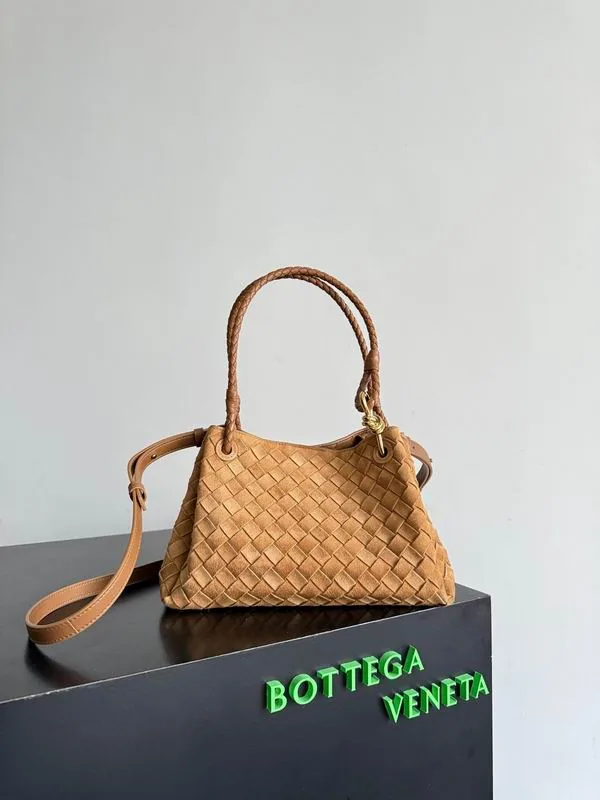 Bottega Veneta Parachute 835921 Tan Woven-Look Top-Handle Bag tan woven-look top handle bag with drawstring side detail view 1