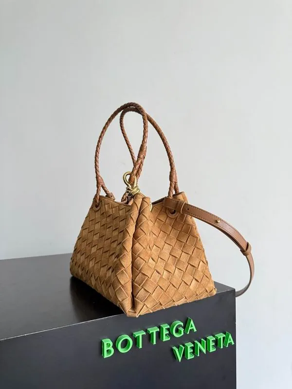 Bottega Veneta Parachute 835921 Tan Woven-Look Top-Handle Bag tan woven-look top handle bag with drawstring side detail view 2