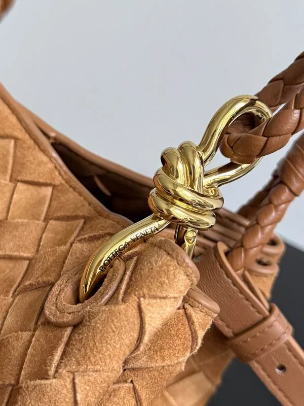 Bottega Veneta Parachute 835921 Tan Woven-Look Top-Handle Bag tan woven-look top handle bag with drawstring side detail view 3