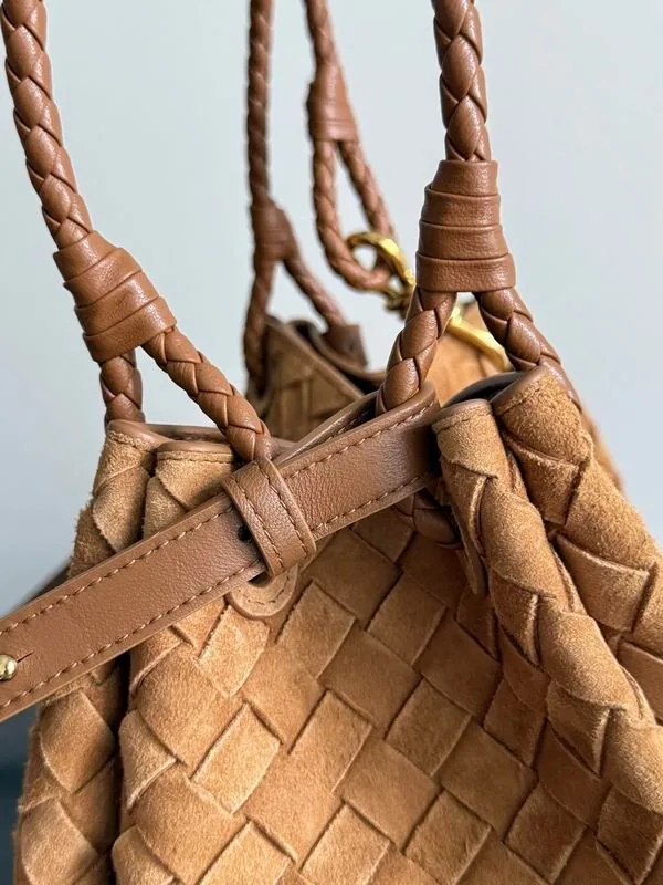 Bottega Veneta Parachute 835921 Tan Woven-Look Top-Handle Bag tan woven-look top handle bag with drawstring side detail view 4