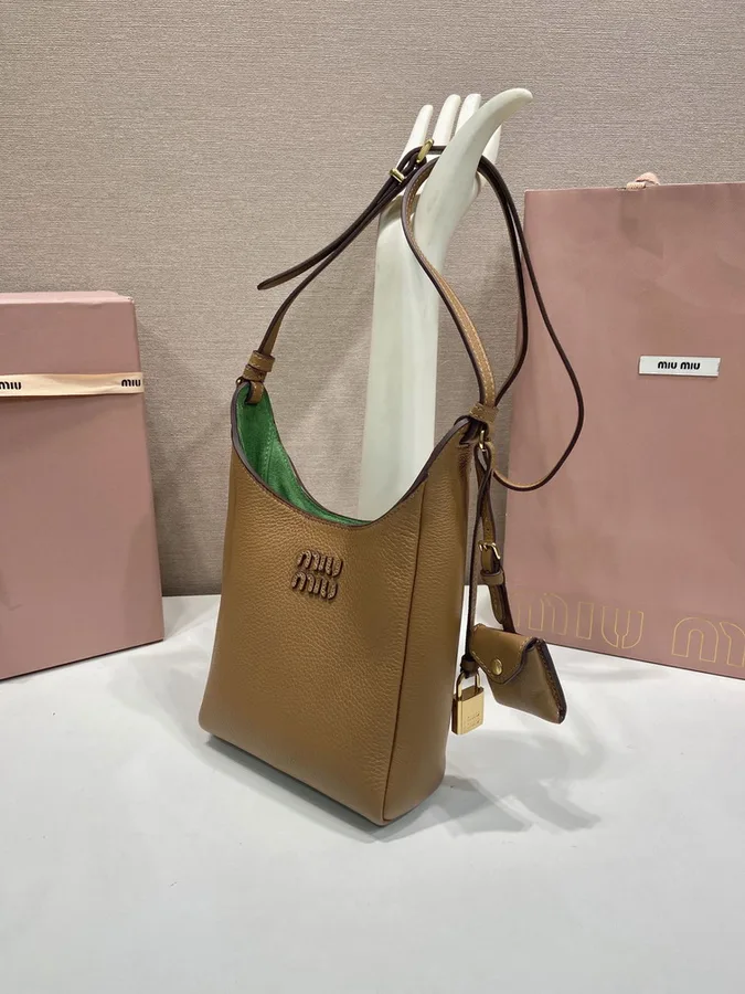 Miu Miu 5BB099 Tan Vertical Shoulder Bag tan vertical shoulder bag with green interior accent view 3