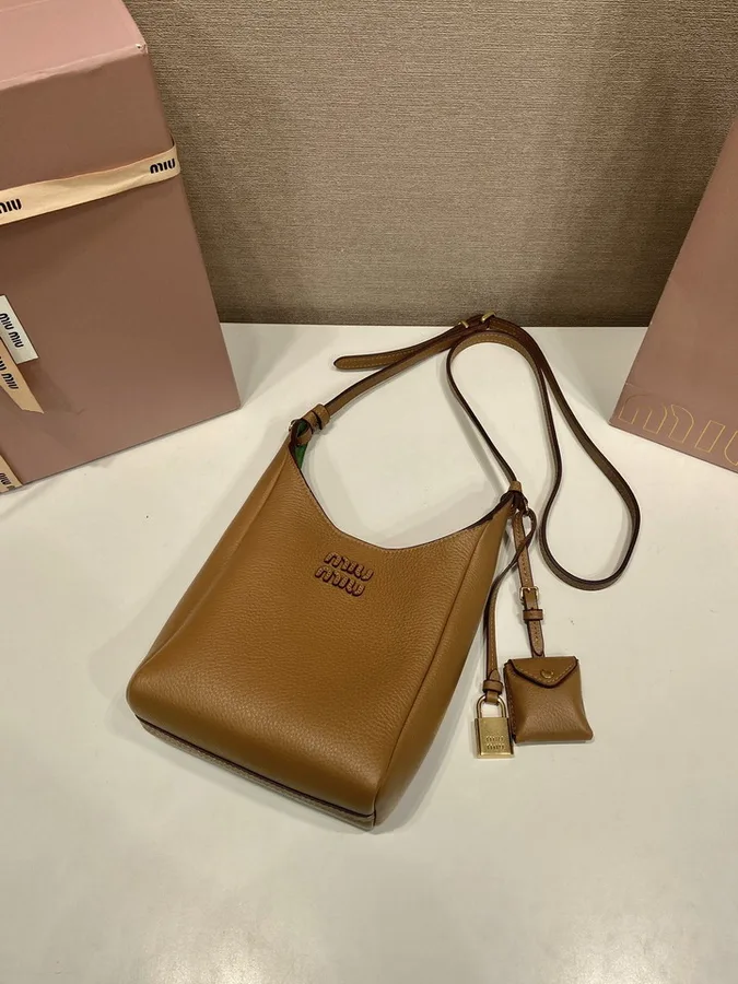 Miu Miu 5BB099 Tan Vertical Shoulder Bag tan vertical shoulder bag with green interior accent view 4