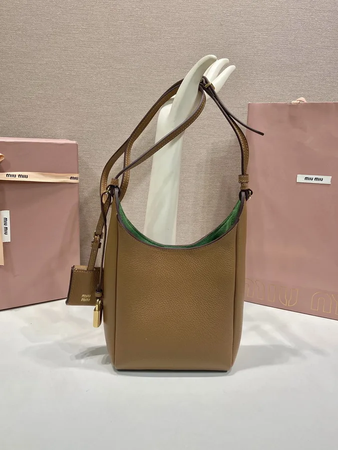 Miu Miu 5BB099 Tan Vertical Shoulder Bag tan vertical shoulder bag with green interior accent view 5