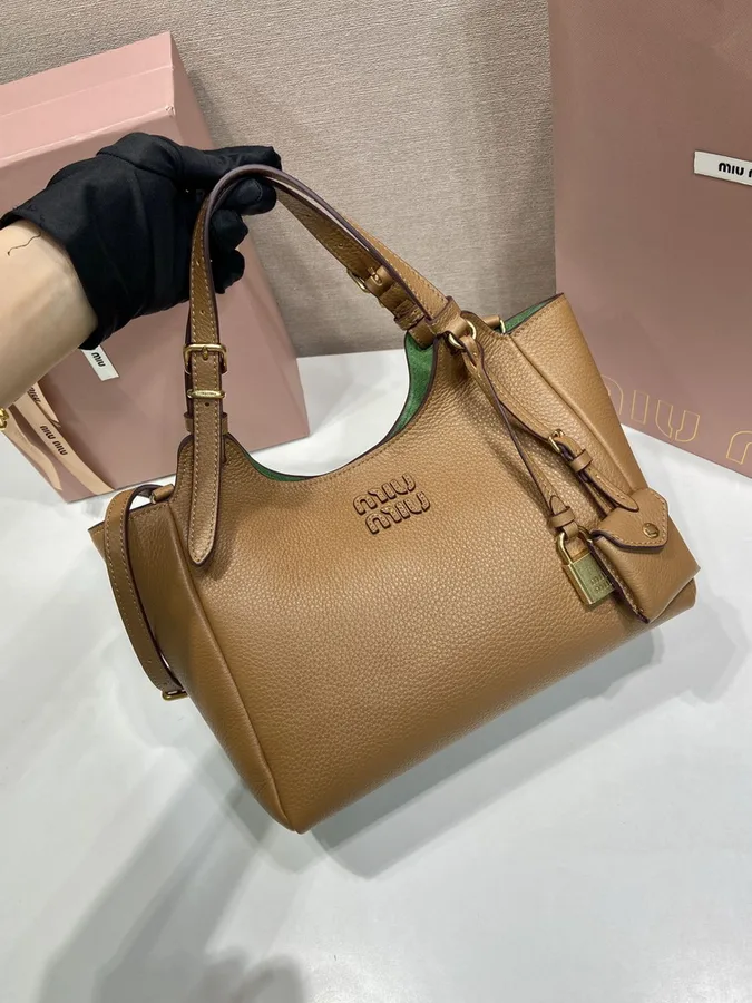 Miu Miu 5BB304 Tan Structured Tote Bag tan structured tote bag with twin handles and green interior accent view 3