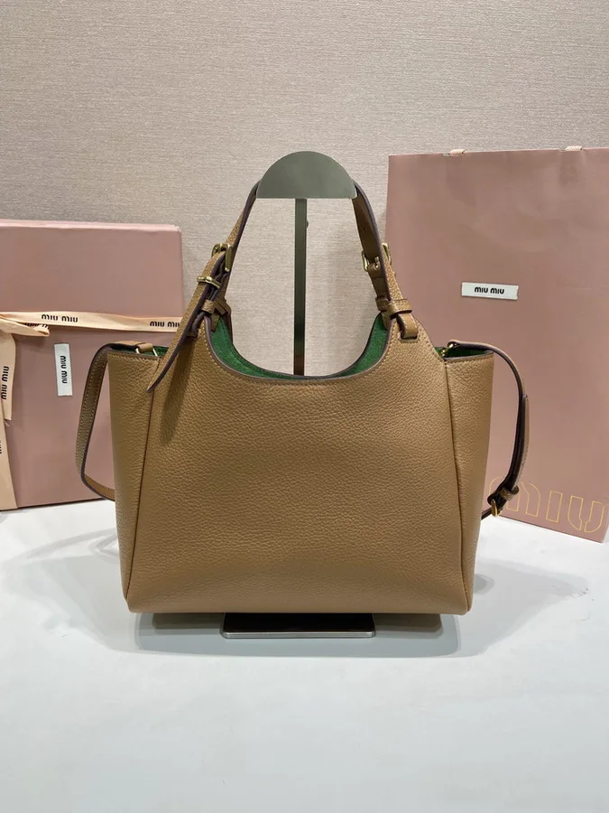 Miu Miu 5BB304 Tan Structured Tote Bag tan structured tote bag with twin handles and green interior accent view 4