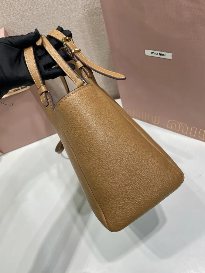 Miu Miu 5BB304 Tan Structured Tote Bag tan structured tote bag with twin handles and green interior accent view 5