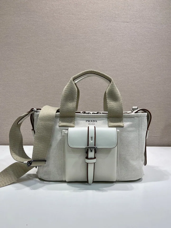 Prada Route cream canvas pocket tote, catalog view 1, 1BG660