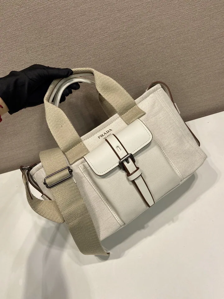 Prada Route cream canvas pocket tote, catalog view 3, 1BG660