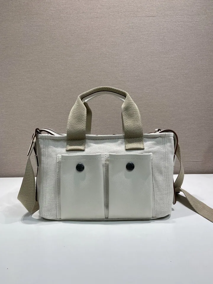 Prada Route cream canvas pocket tote, catalog view 4, 1BG660