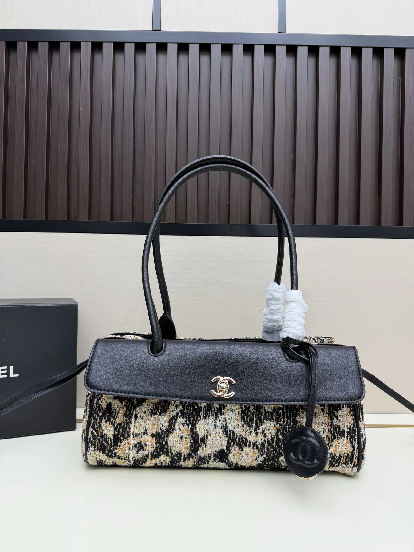 Chanel 032 Black Floral-Panel Top-Handle Bag, catalog view 1, 032-jj