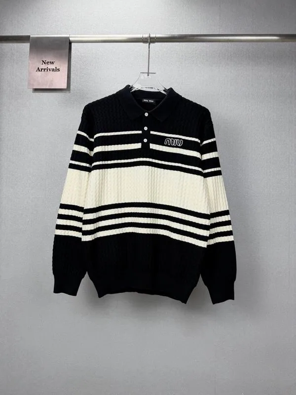 MiuMiu bhtx14 Striped Knit Polo Sweater, source view 2, SKU bhtx14
