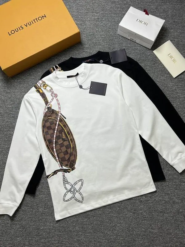 White and black LV oversized pouch graphic long-sleeve tops shown together hgntx159