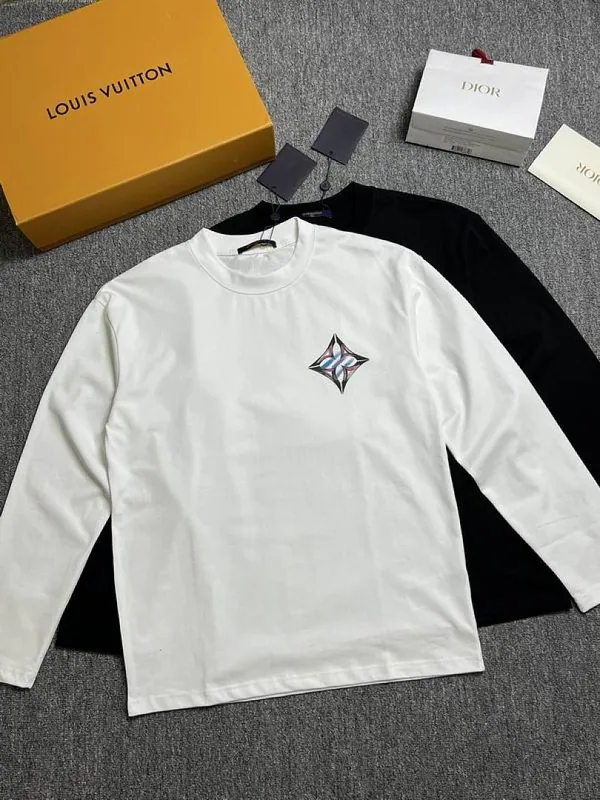 White LV iridescent star graphic long-sleeve top front view hgntx160