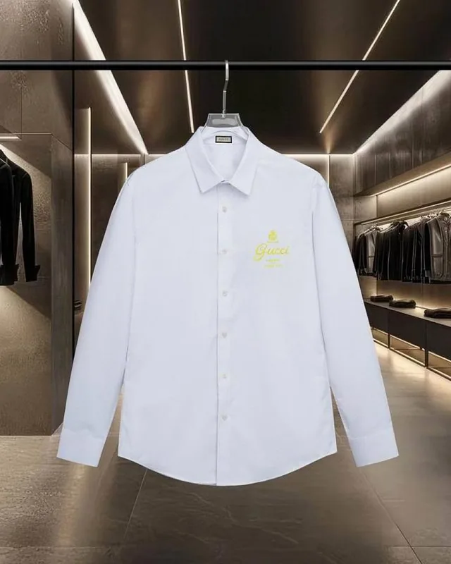 Black Gucci yellow script logo button shirt front view hgntx165