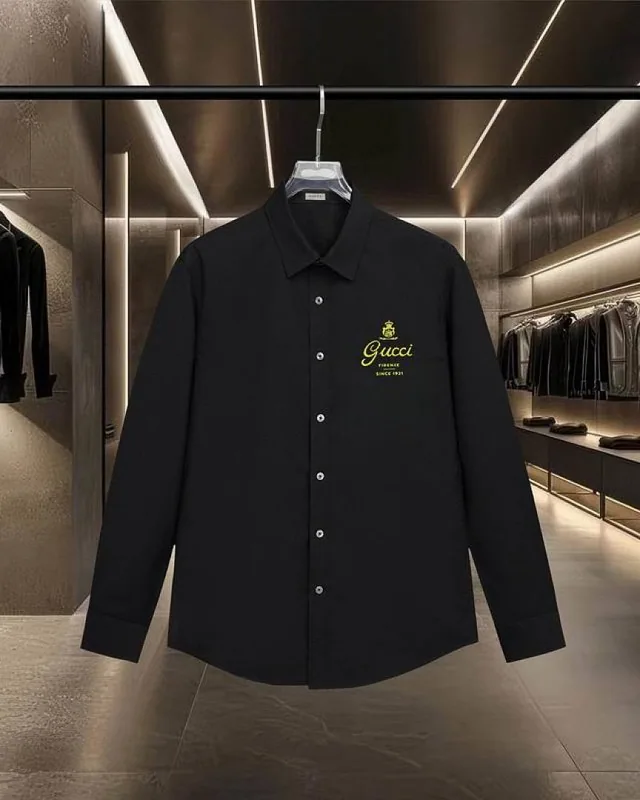 White Gucci yellow script logo button shirt front view hgntx165
