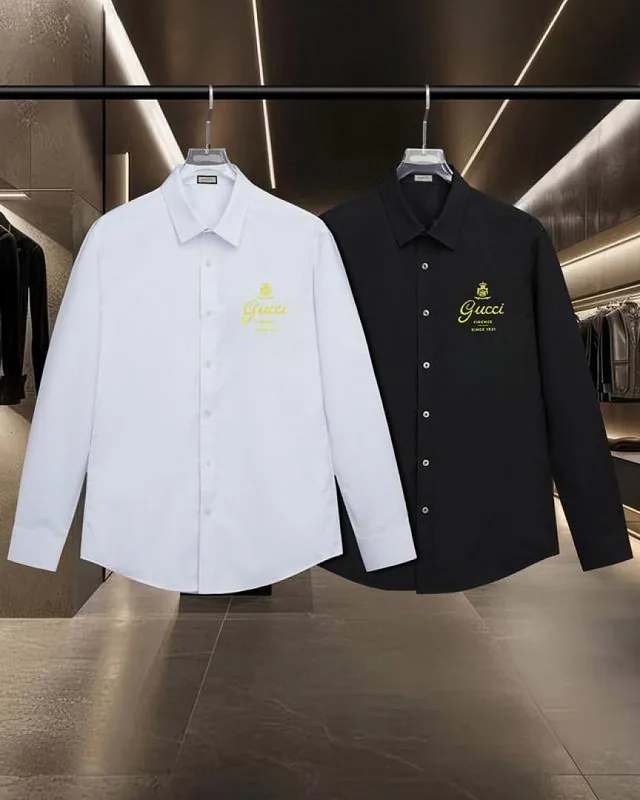 White Gucci yellow script logo button shirt back view hgntx165