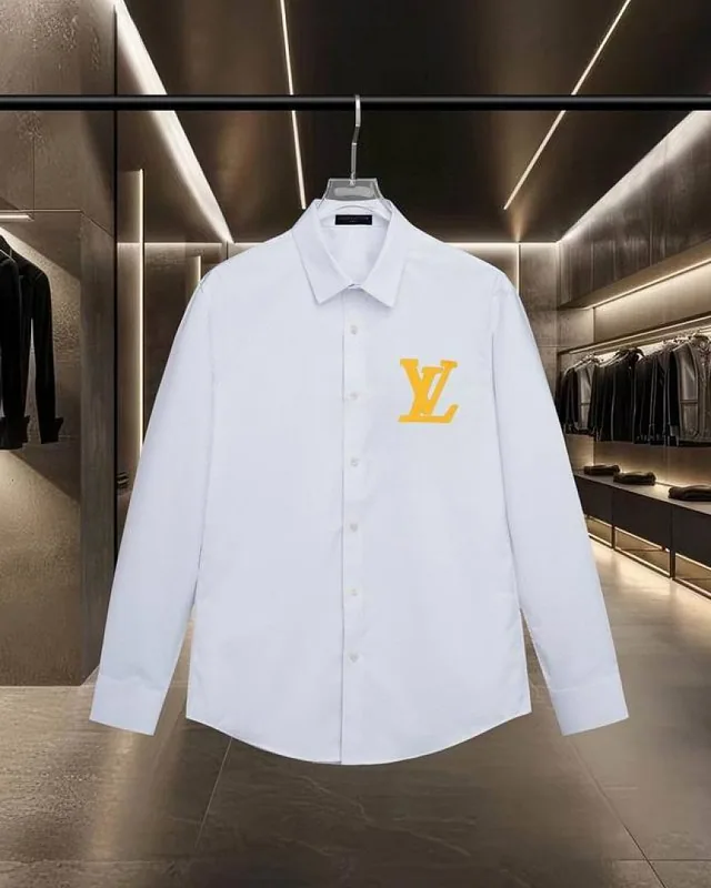 White LV logo graphic button-front shirt with yellow chest logo hgntx210