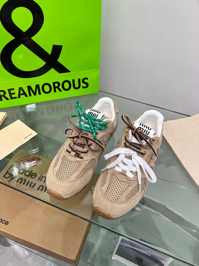 Miu Miu 07 Beige Low-Top Sneakers beige low-top sneakers with green and brown lace accents view 1