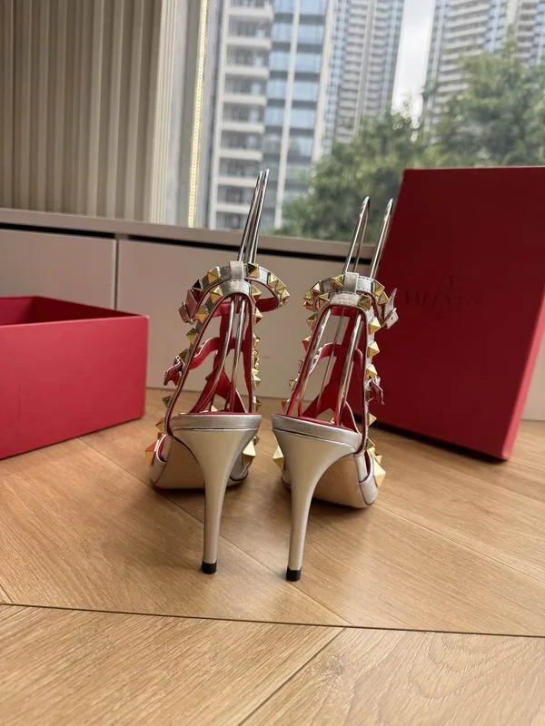 Valentino MNS0708 Silver Pointed Slingback Heels metallic silver pointed heels with slingback-style straps and red accent details view 5