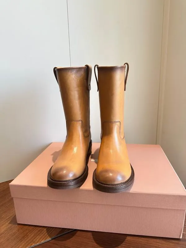 Miu Miu MNS0703 Tan Mid-Calf Boots tan mid-calf boots with taller shaft and rounded toe view 1