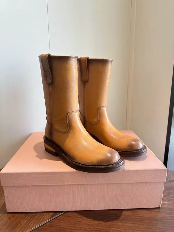 Miu Miu MNS0703 Tan Mid-Calf Boots tan mid-calf boots with taller shaft and rounded toe view 3