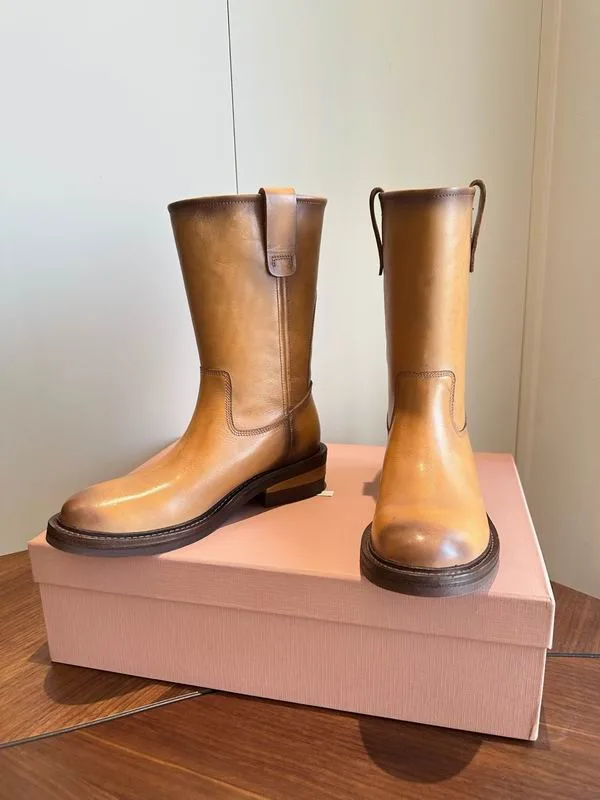 Miu Miu MNS0703 Tan Mid-Calf Boots tan mid-calf boots with taller shaft and rounded toe view 4