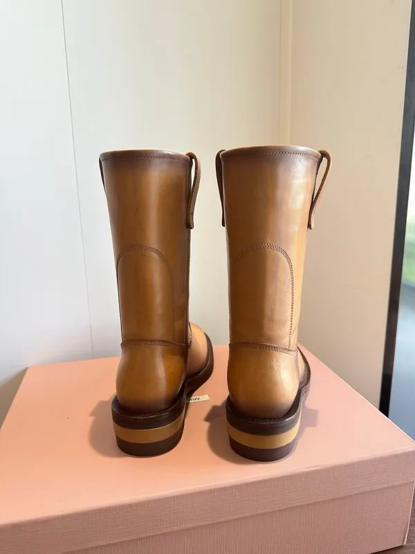 Miu Miu MNS0703 Tan Mid-Calf Boots tan mid-calf boots with taller shaft and rounded toe view 5