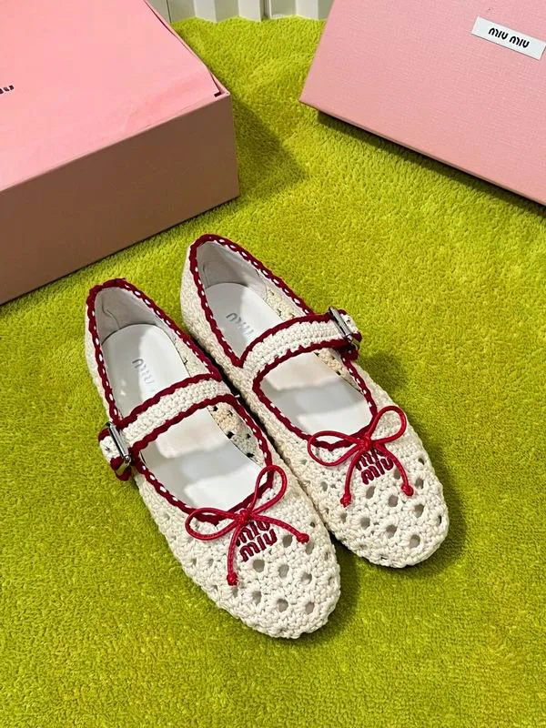 Miu Miu MNS0803 White Crochet-Look Ballet Flats white crochet-look ballet flats with red cord lacing view 1