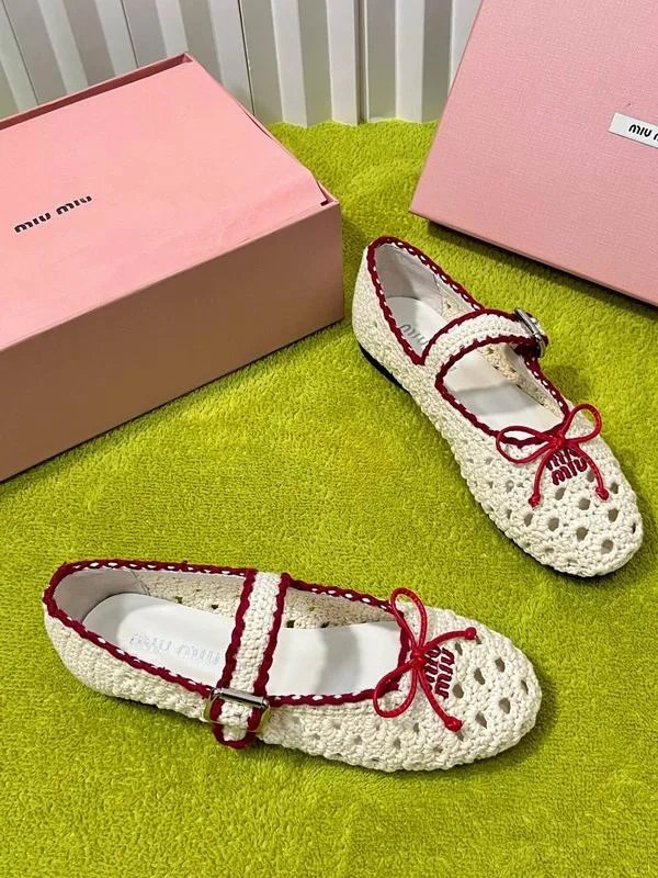 Miu Miu MNS0803 White Crochet-Look Ballet Flats white crochet-look ballet flats with red cord lacing view 3