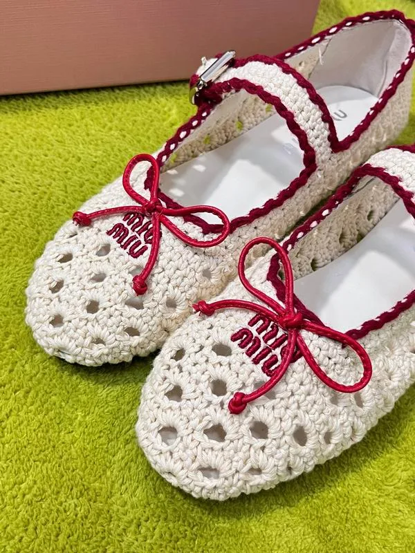 Miu Miu MNS0803 White Crochet-Look Ballet Flats white crochet-look ballet flats with red cord lacing view 4