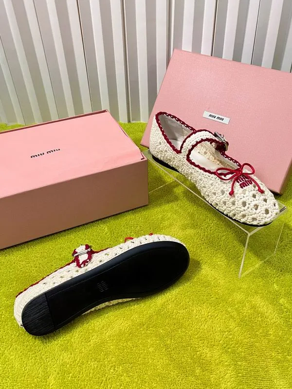 Miu Miu MNS0803 White Crochet-Look Ballet Flats white crochet-look ballet flats with red cord lacing view 5