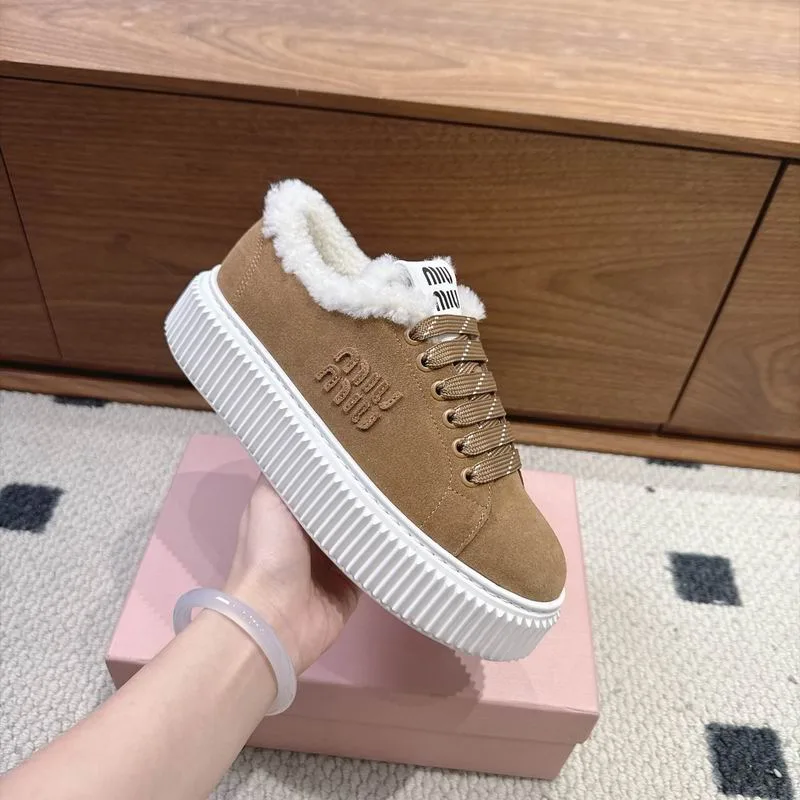 Miu Miu MNS0802 Tan Low-Cut Sneakers tan low-cut sneakers with light sole and plush-looking collar view 4